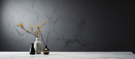 Vase with yellow flowers on white marble table and black wall backgroundの素材