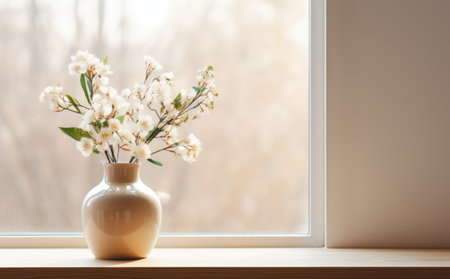 A vase with flowers graces the windowsill, embracing a minimalist aesthetic with ceramics, wood, beige, and minimalist surroundingsの素材