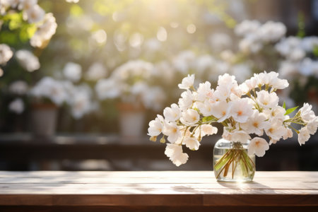 White flowers arranged on a table against a floral backgroundの素材