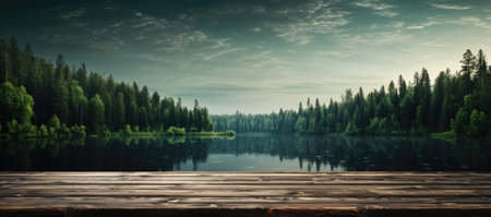 A wooden tabletop positioned at the water's edge of a lakeの素材