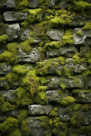 The ancient and aged stone enclosure, embellished with moss and lichen, brings out the organic texture of the surfaceの素材
