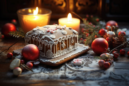Christmas cake and burning candles on a wooden background. Toned.の素材