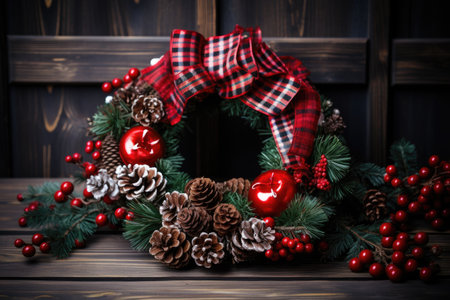 Christmas wreath on a wooden background. Selective focus. Holiday.の素材