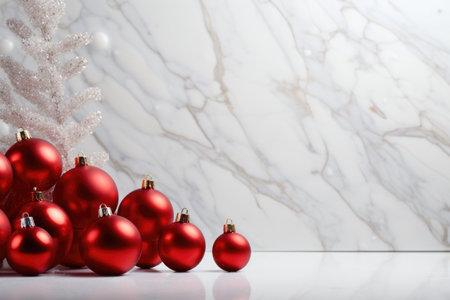 Red christmas balls with white christmas tree on white marble backgroundの素材