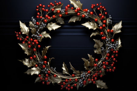 Christmas wreath with red berries on dark background. Copy space.の素材
