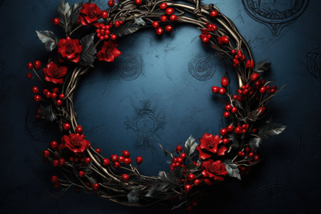 Christmas wreath with red berries on dark blue background, top viewの素材