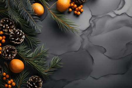 Christmas background with fir branches, oranges and berries on a black marble backgroundの素材