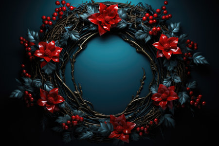Christmas wreath with red poinsettia on dark blue backgroundの素材