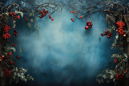 Vintage background with a branch of red berries on a blue backgroundの素材