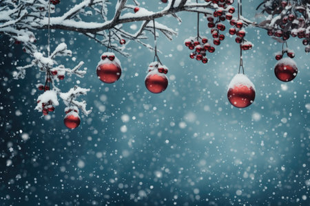 Christmas background with red baubles on tree branches covered with snowの素材