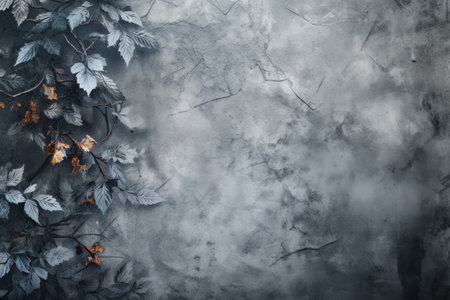Dark gray wall with black leaves. Autumn background with copy space.の素材