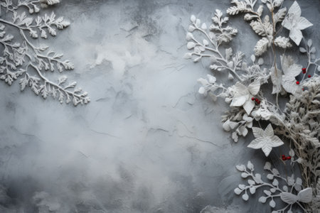 Christmas background with white snowflakes and berries. Top view with copy spaceの素材