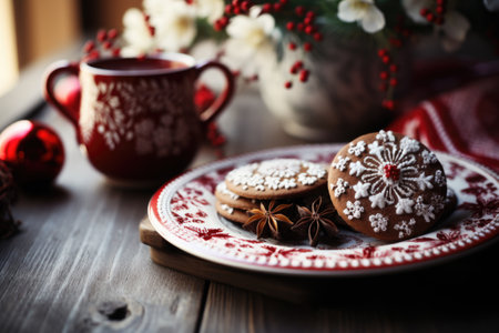 Christmas cookies with cup of tea on a wooden table. Selective focus.の素材