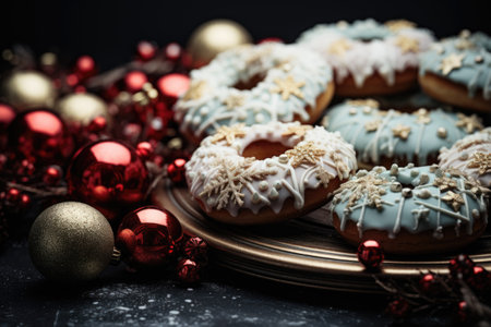 Christmas donuts with icing sugar on a dark background. Toned.の素材