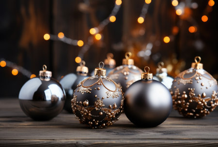 Beautiful Christmas balls on wooden table against blurred lights, closeupの素材