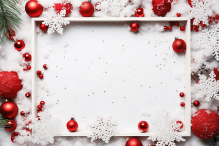 White wooden frame with red Christmas balls and snowflakes on white backgroundの素材