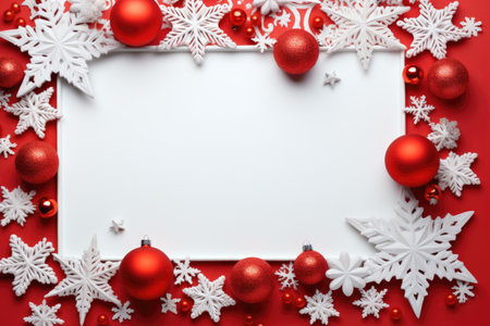 Christmas background with white snowflakes and red balls on red backgroundの素材