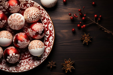 Christmas background with red and white christmas ornaments on wooden tableの素材