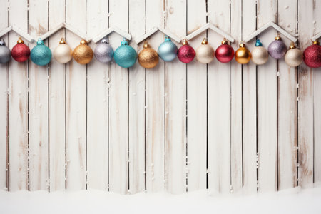 Christmas background with colorful baubles on white wooden fence. Copy space.の素材