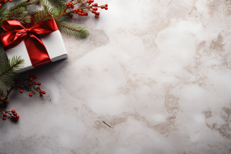 Christmas background with fir tree branches, red berries and gift boxle backgroundの素材