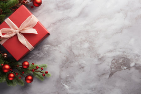 Christmas background with fir branches, red balls and gift boxle backgroundの素材