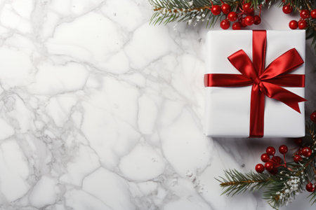 White gift box with red ribbon and fir tree branchle backgroundの素材
