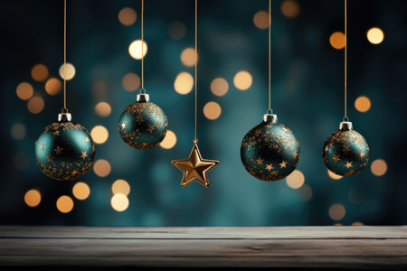 Christmas baubles on wooden table and bokeh lights backgroundの素材