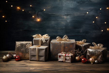 Christmas gift boxes on wooden background. Vintage style toned picture.の素材