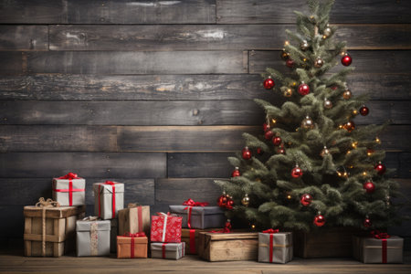 Christmas tree and presents in front of a rustic wooden wall.の素材