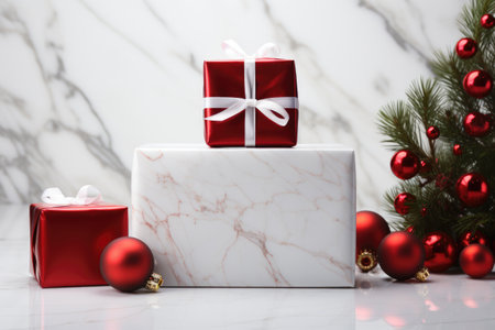 Christmas gift boxes with red ribbons on white marble background with copy spaceの素材