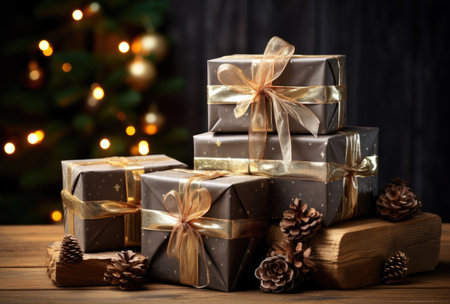 Christmas gift boxes with gold ribbon on wooden table and christmas tree on backgroundの素材