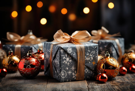 Christmas gift boxes on wooden table with bokeh lights on backgroundの素材