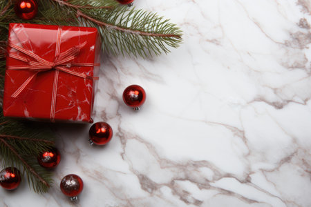Red gift box and christmas tree branch on white marble background.の素材