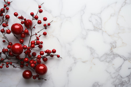 Christmas decoration on white marble background. Flat lay, top view.の素材