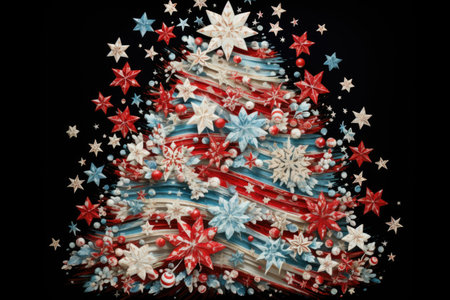 Christmas tree made of colored stars and snowflakes on black backgroundの素材