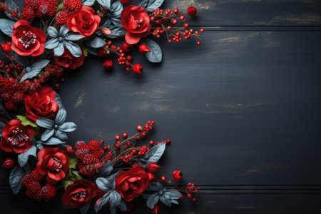Bouquet of red flowers on black wooden background with copy spaceの素材