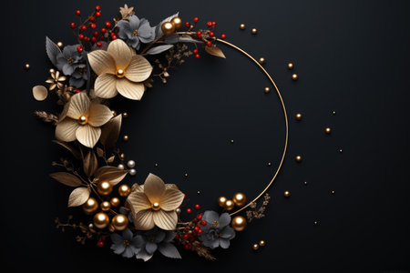 Beautiful floral wreath on black background, top view. Space for textの素材