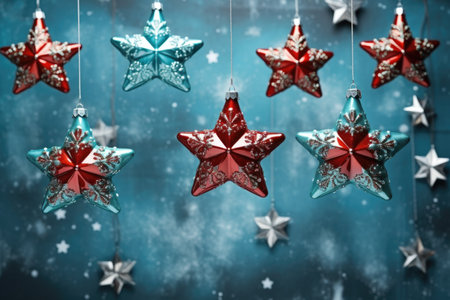 Christmas decorations on a blue background with snowflakes and stars.の素材
