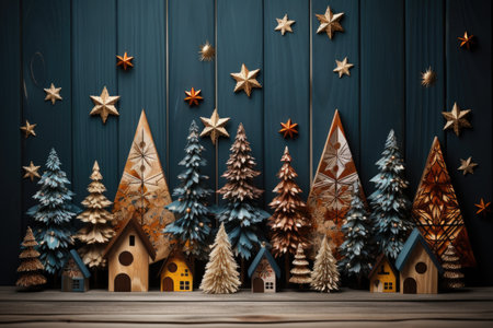 Wooden Christmas decorations on a blue wooden background.の素材
