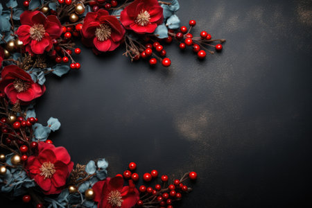 Christmas wreath with red poppies and berries on black backgroundの素材