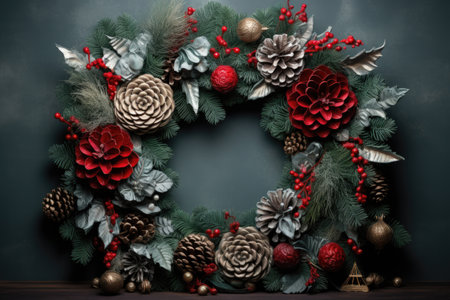 Christmas wreath with pine cones and red berries on a dark backgroundの素材
