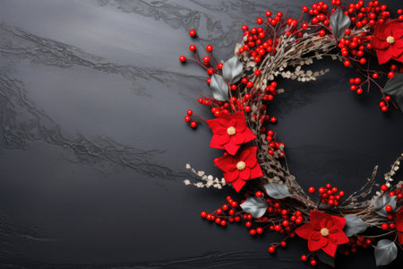 Christmas wreath with red berries on black background. Top view with copy spaceの素材