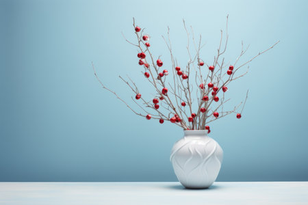 White vase with red berries on blue background.の素材