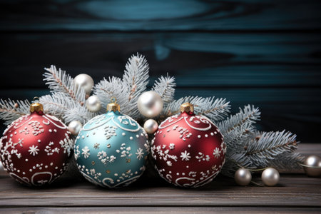 Christmas baubles with fir tree branches on wooden background, closeupの素材