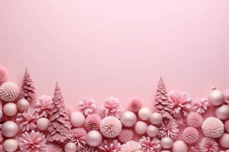 Creative layout made of pink and white Christmas decorations on pink backgroundの素材