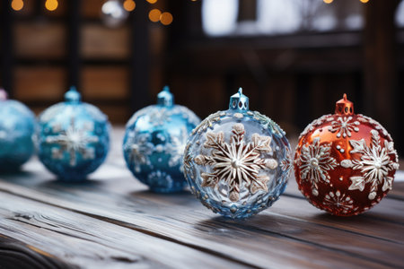 Christmas ornaments on wooden background. Merry Christmas and Happy New Year.の素材
