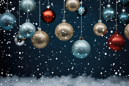 Christmas background with baubles, snow and falling snowflakesの素材
