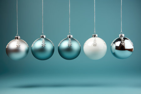 Christmas baubles hanging on blue background.の素材