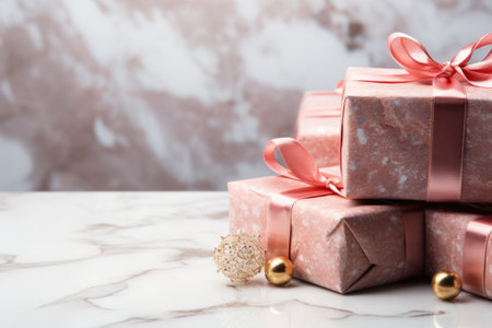 Gift boxes with pink ribbonsle background with copy spaceの素材