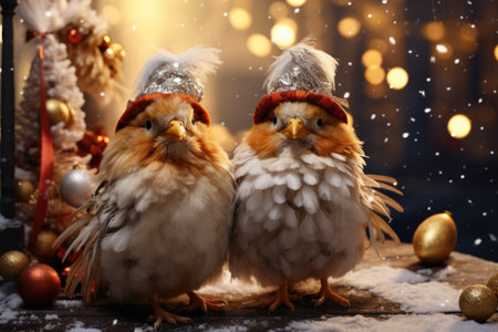 Christmas and New Year greeting card with two cute funny chickens in fur hatsの素材